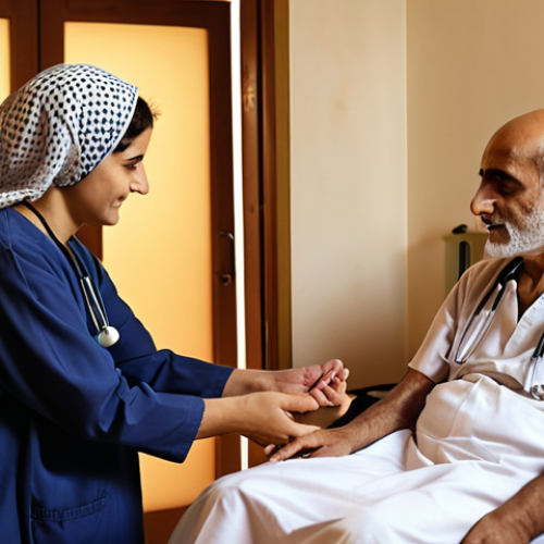 Home 19 **A compassionate scene of palliative care:** An elderly Arab patient, surrounded by family, receiving gentle and attentive care from a doctor. Soft lighting, warm colors, and a sense of peace despite the circumstances. Emphasis on dignity and comfort.