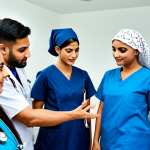 **

"A group of diverse, fully clothed healthcare professionals, including nurses in modest scrubs and traditional Arabic attire, participating in a training workshop in a modern hospital setting in Dubai. Focus on collaboration and skill-sharing.  Safe for work, appropriate content, professional, family-friendly.  Perfect anatomy, correct proportions, natural pose, well-formed hands, proper finger count, natural body proportions, high resolution, professional photography, bright lighting."

**