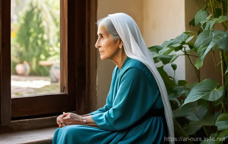 통증 관리 간호 - **Prompt 1: The Silent Burden of Chronic Pain**
    "A melancholic, elderly Arab woman, gracefully d...