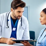 간호사와 의사의 관계 관리 - **Prompt:** A male doctor in a clean white lab coat and a female nurse in a professional, modest scr...