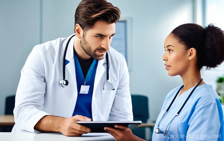 간호사와 의사의 관계 관리 - **Prompt:** A male doctor in a clean white lab coat and a female nurse in a professional, modest scr...