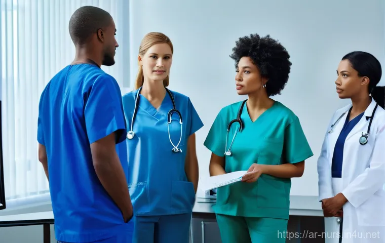 간호사와 의사의 관계 관리 - **Prompt:** In a brightly lit hospital corridor, a female doctor in a lab coat and a male nurse in a...