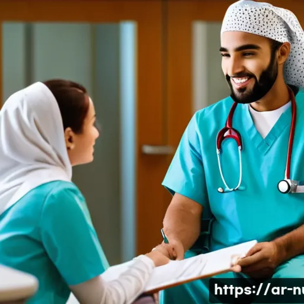 간호 직업 윤리 및 법적 문제 - A professional Arab female nurse in a modern hospital setting, wearing modest, clean nursing scrubs ...