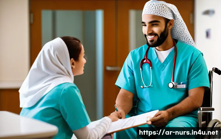 간호 직업 윤리 및 법적 문제 - A professional Arab female nurse in a modern hospital setting, wearing modest, clean nursing scrubs ...