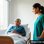 간호 이론 및 철학 - A compassionate female nurse wearing modest professional scrubs attentively listening to an elderly ...