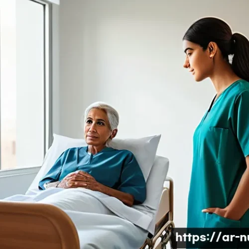 간호 이론 및 철학 - A compassionate female nurse wearing modest professional scrubs attentively listening to an elderly ...
