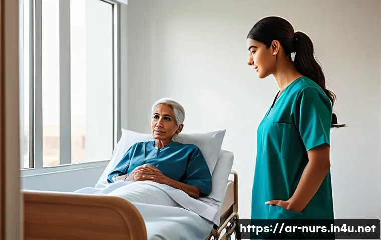 간호 이론 및 철학 - A compassionate female nurse wearing modest professional scrubs attentively listening to an elderly ...