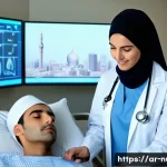 호흡기계 간호 - A detailed clinical nursing scene in a modern Middle Eastern hospital room, featuring a female nurse...