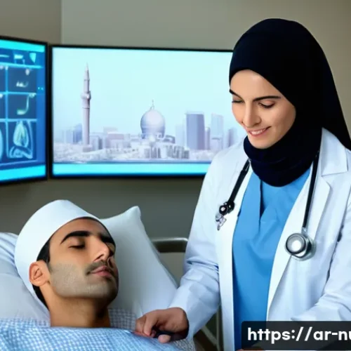 호흡기계 간호 - A detailed clinical nursing scene in a modern Middle Eastern hospital room, featuring a female nurse...