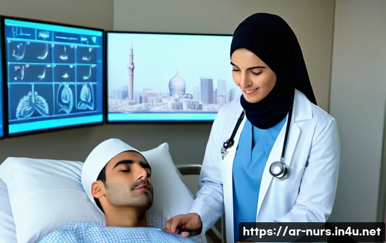 호흡기계 간호 - A detailed clinical nursing scene in a modern Middle Eastern hospital room, featuring a female nurse...
