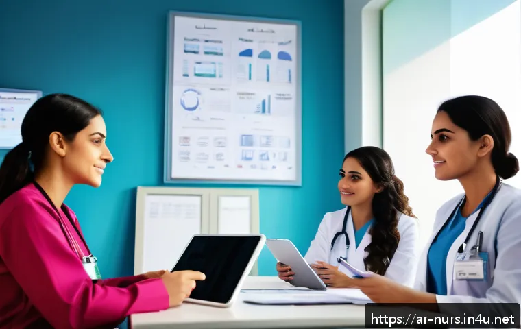 간호 조직 문화 및 팀워크 향상법 - A diverse team of Arabic-speaking nurses in a modern hospital setting, engaging in active listening ...