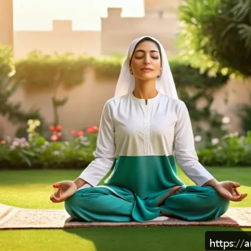 만성 질환 관리 - A serene Middle Eastern woman in modest, colorful traditional attire practicing deep breathing exerc...