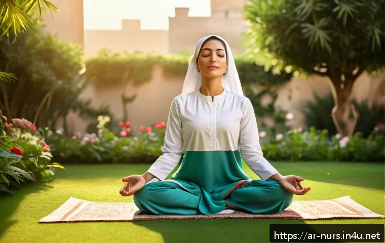 만성 질환 관리 - A serene Middle Eastern woman in modest, colorful traditional attire practicing deep breathing exerc...