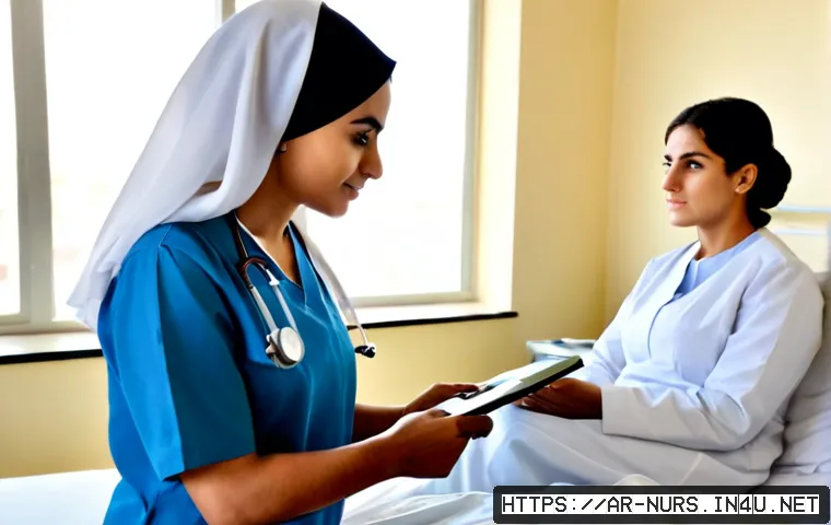 비판적 사고와 간호과정 - Photorealistic hospital consultation scene, an Arab female nurse in a neat modest uniform and hijab ...